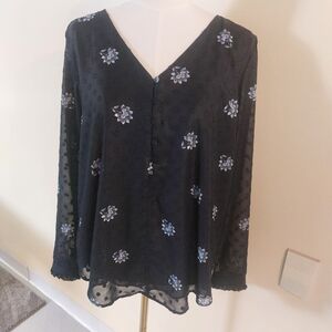 LOFT Navy V-Neck Blouse with Blue Floral Print